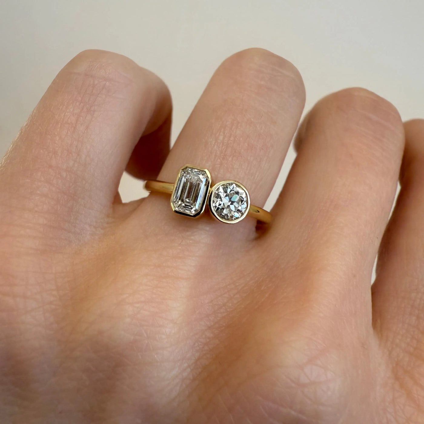 0.46ct Emerald Cut & 0.42ct Old Euro Diamond Toi et Moi Ring