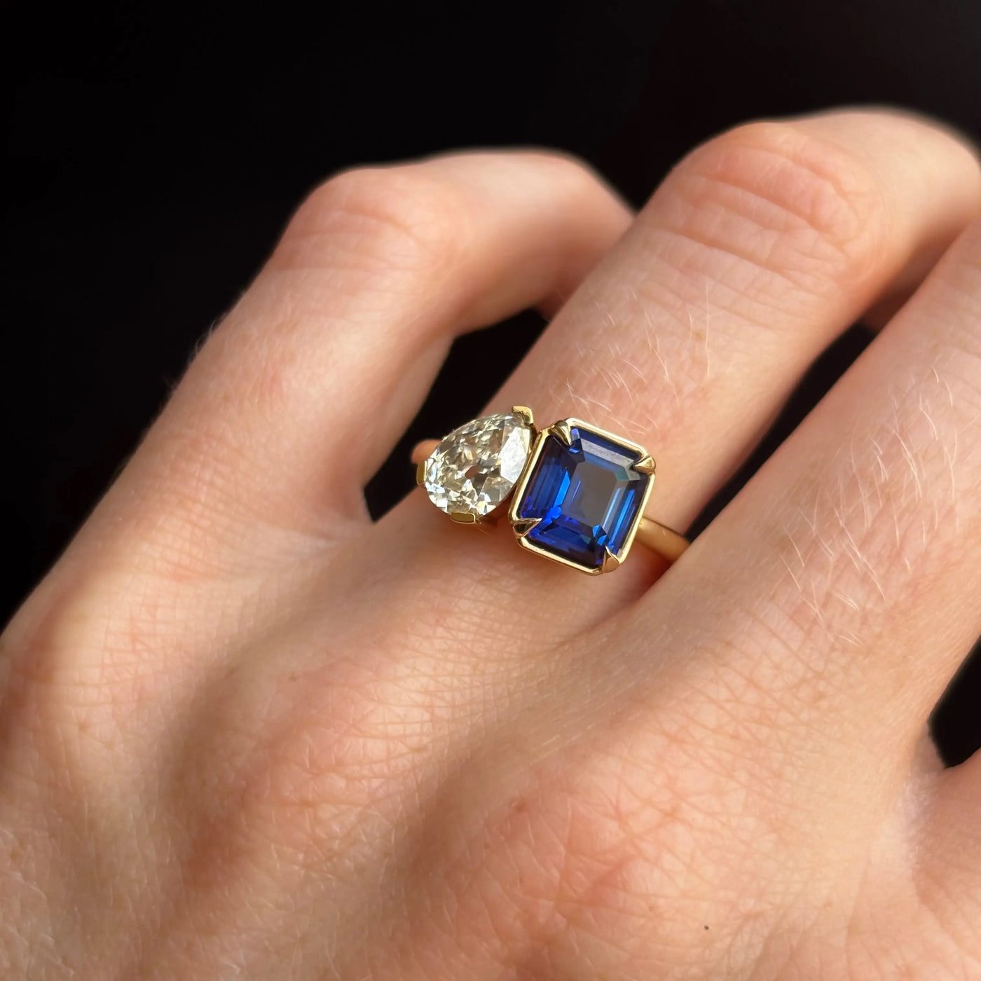 1.02ct Pear Shape Diamond and 2.09ct Sapphire Toi et Moi