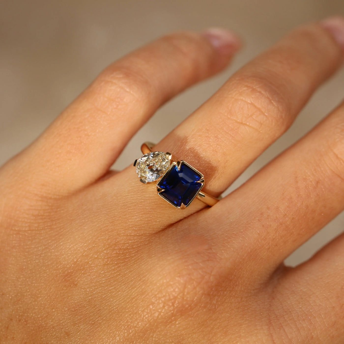 1.02ct Pear Shape Diamond and 2.09ct Sapphire Toi et Moi