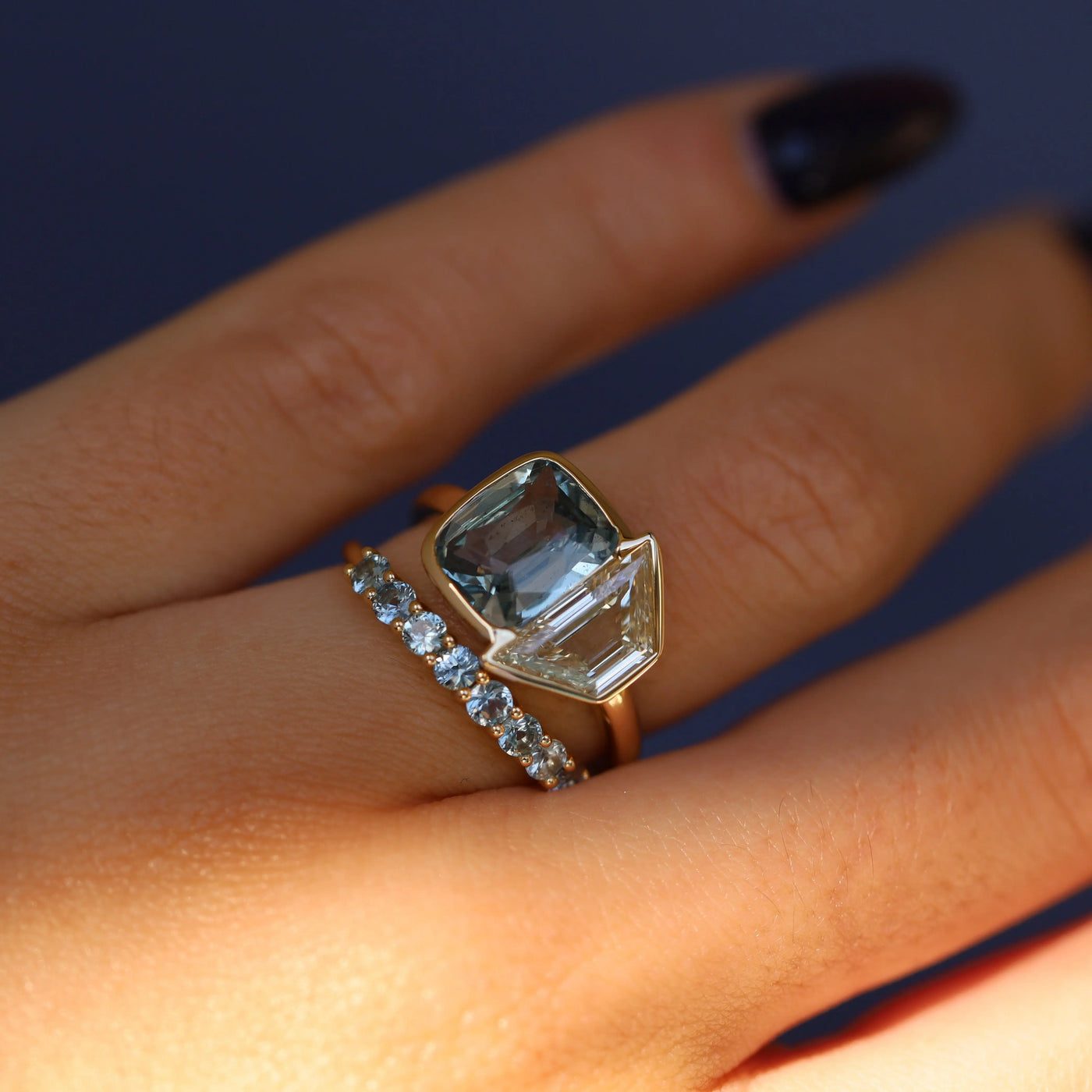 3.08ct Sapphire & 1.55ct Diamond Trapezoid Ring with 0.57tcw Sapphire Tracer Band