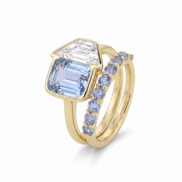 3.08ct Sapphire & 1.55ct Diamond Trapezoid Ring with 0.57tcw Sapphire Tracer Band